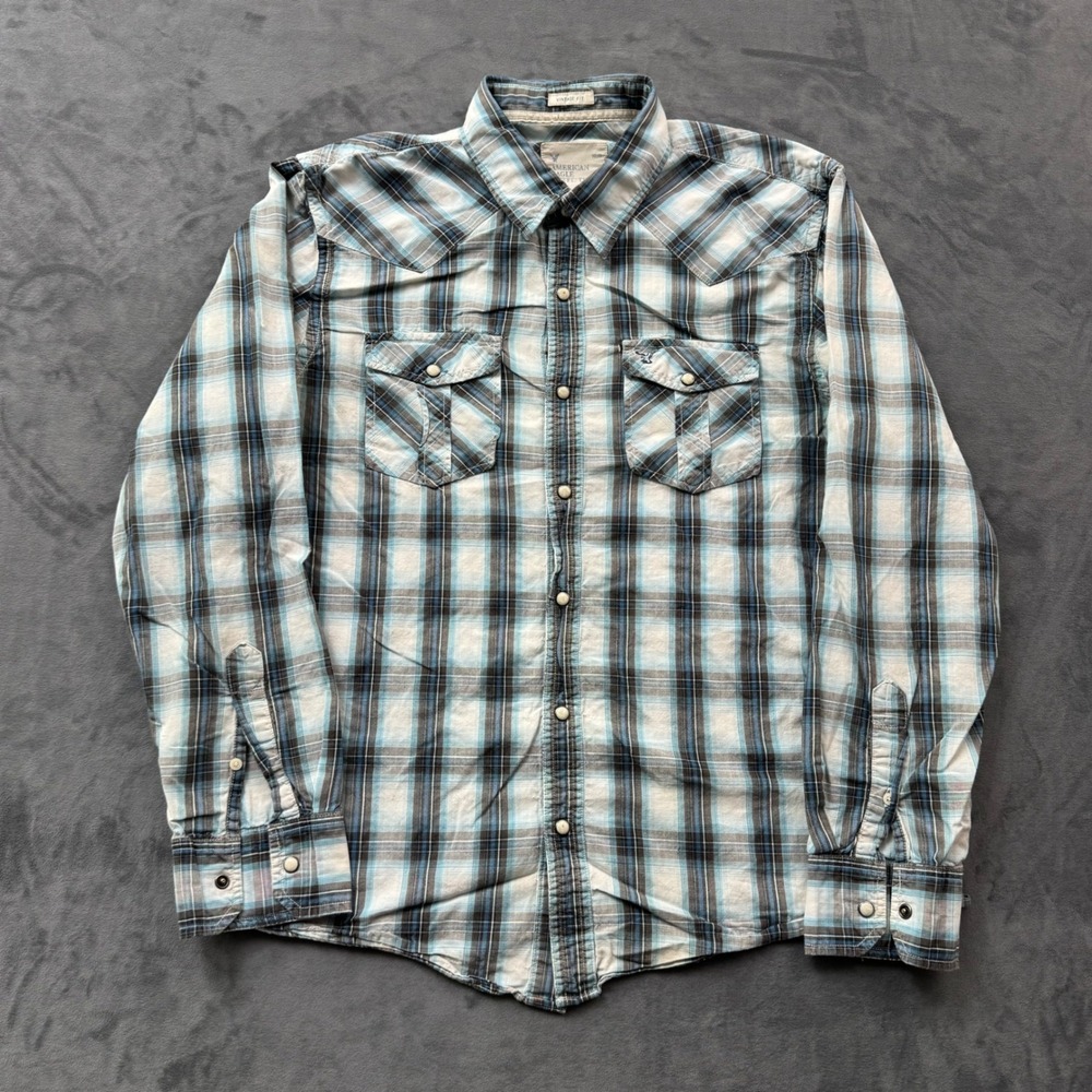 American Eagle Western Shirt Mens Large Blue Plaid Pearl Snap Vintage Fit L/G